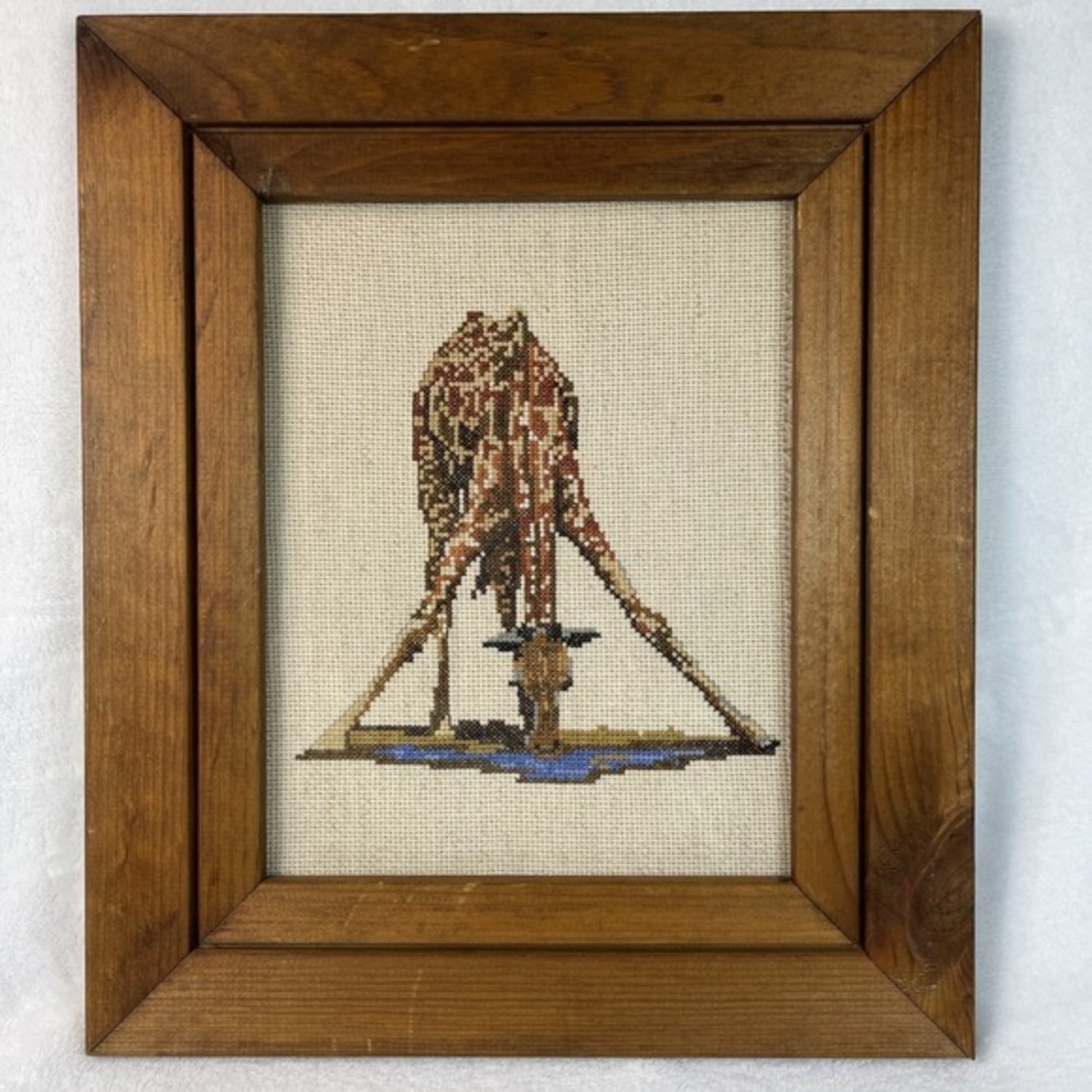 Vintage Completed Cross Stitch Giraffe Drinking Safari Wood Frame Glass Wall Art